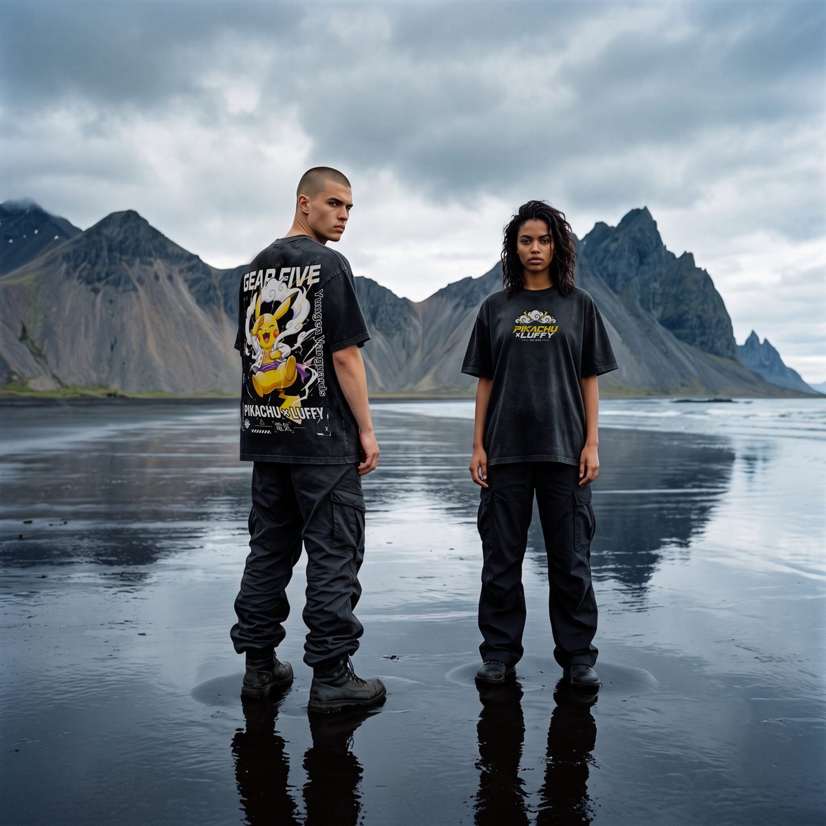 Two models standing on a wet black sand beach with dramatic mountains and cloudy skies in the background, wearing black graphic t-shirts and black cargo pants.